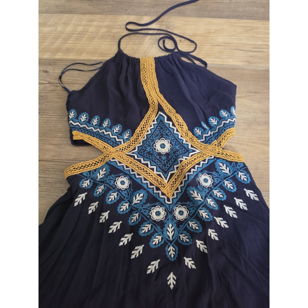 Lulumari Cut Out Dress Size M Navy Maxi Halter W/ Crochet Party Evening Dress
